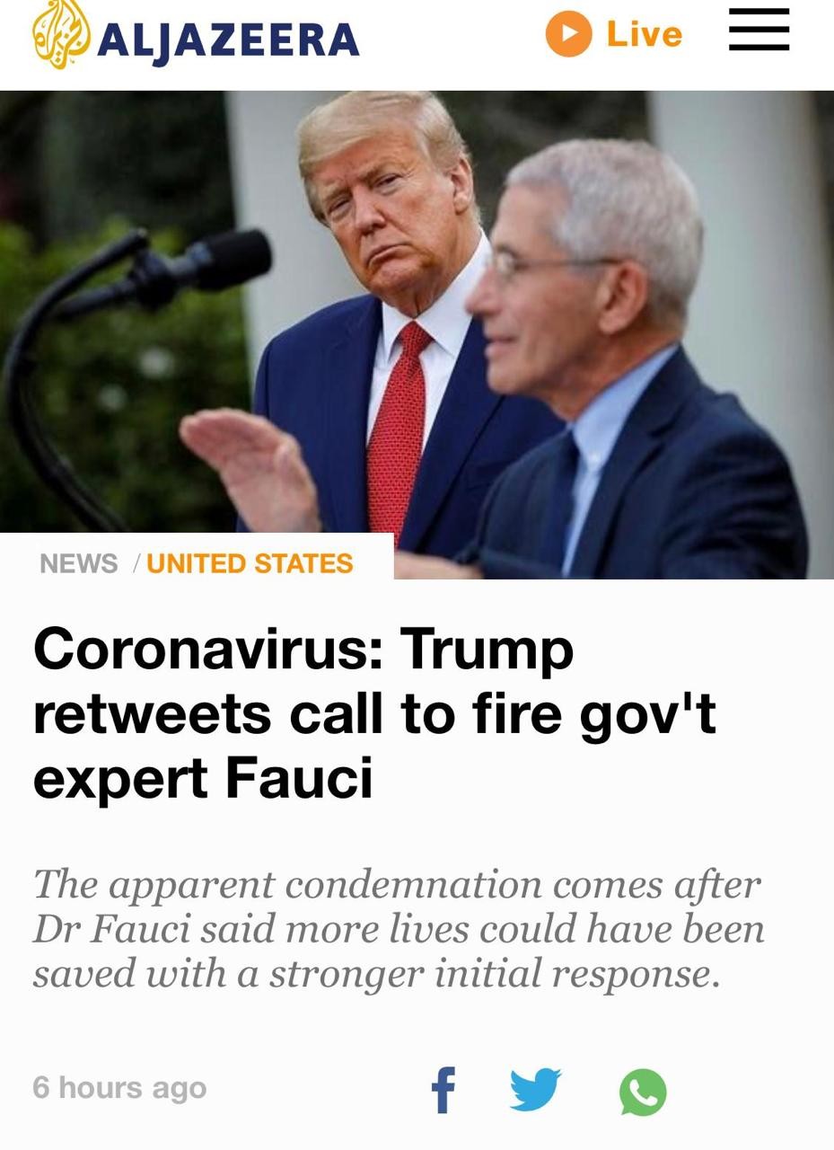 ترامب يعزل كبير خبراء الصحة بعد سويعات من تحميله ترامب مسؤولية انتشار  وباء كورونا بأمريكا