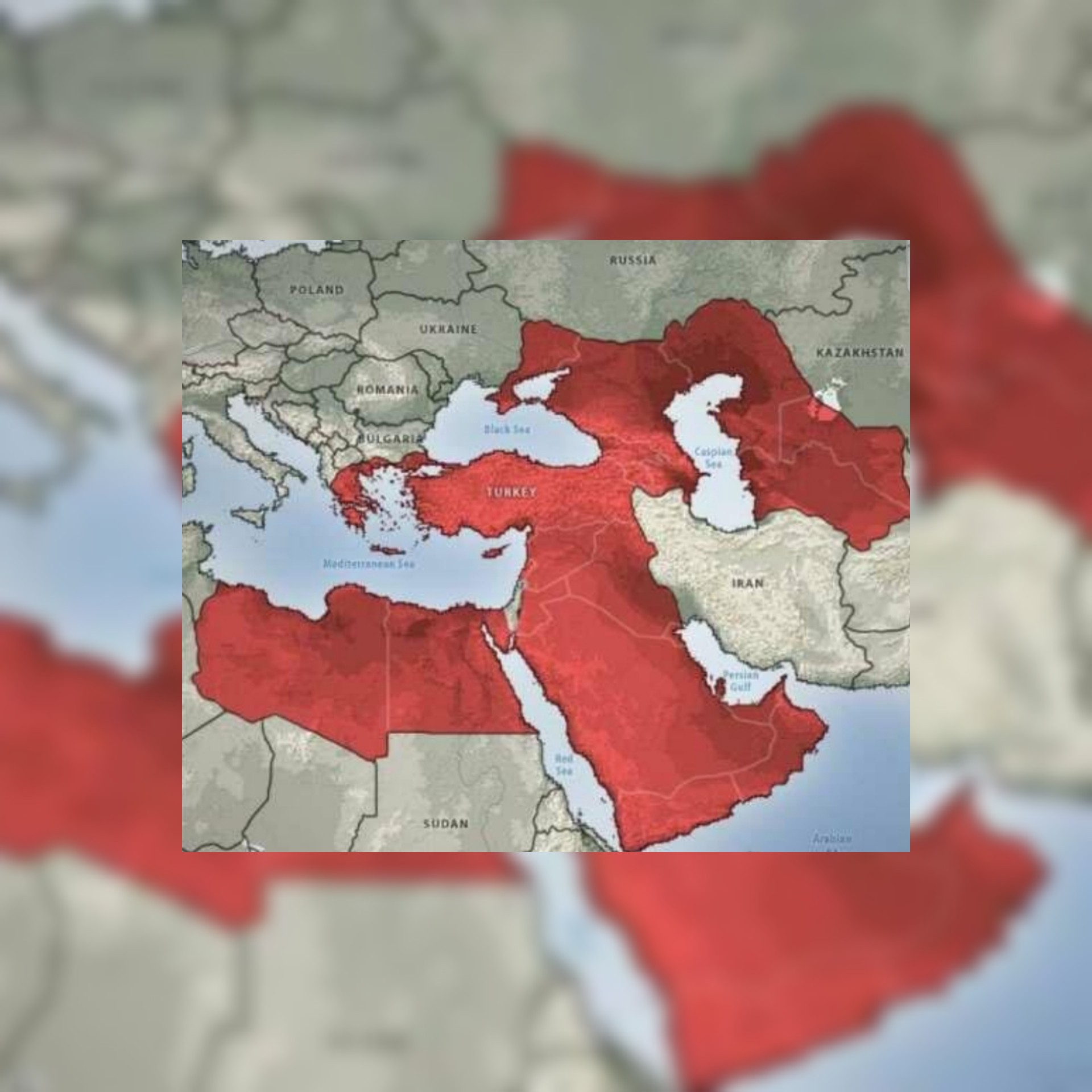 خريطة افتراضية عن نفوذ تركيا لعام 2050 على الوطن العربي شملت سوريا, العراق, السعودية ومصر دون فلسطين.